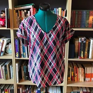 Navy and pink plaid v-neck top
